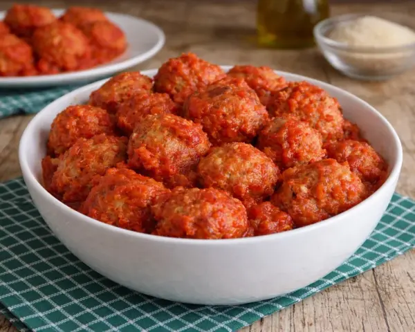 Un primo piatto invitante: polpette di pane al sugo, morbide e saporite, servite in una ciotola bianca su un tovagliolo a quadretti verdi.