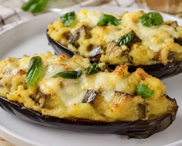 Melanzane a barchetta ripiene di un gustoso impasto e formaggio filante, guarnite con foglie di basilico fresco.
