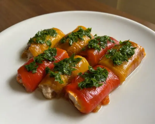 Involtini di peperoni alla siciliana, ripieni e guarniti con prezzemolo fresco, su un piatto bianco.