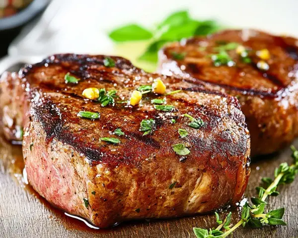 Due succulenti filetto di manzo grigliati, guarniti con erbe aromatiche e grani di pepe, su un tagliere di legno.