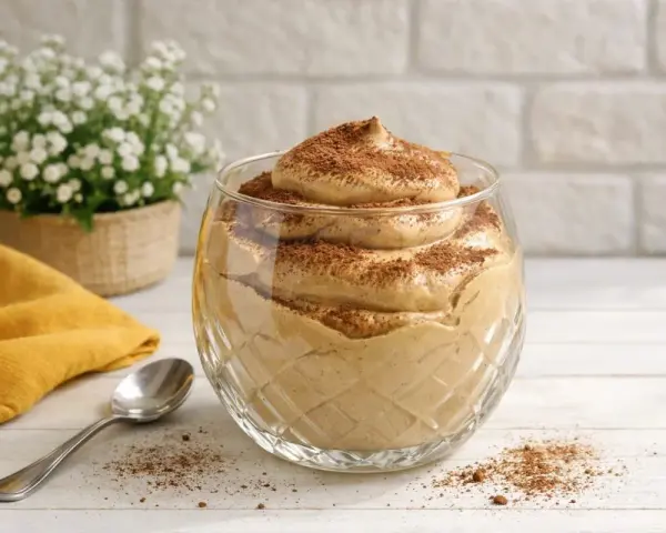 Delizioso spumone al caffè in una coppa di vetro, spolverato con cacao. Accanto, un cucchiaino e un tovagliolo giallo.
