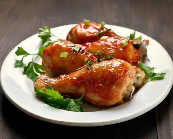 Tre succulenti cosce di pollo alla birra in padella, glassate e guarnite con erbe aromatiche e cipollotto.