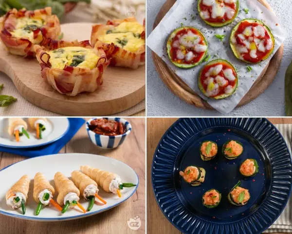 Mini quiche con pancetta, pizzette di zucchine, rotolini salati e involtini di zucchine con salmone: un tripudio di antipasti estivi perfetti per ogni occasione.