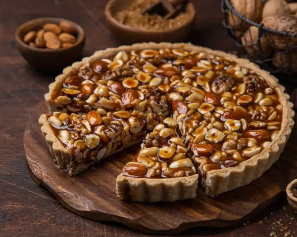 Torta croccante con un ripieno abbondante di nocciole e mandorle caramellate. Un vero piacere per gli amanti dei dolci con nocciole.