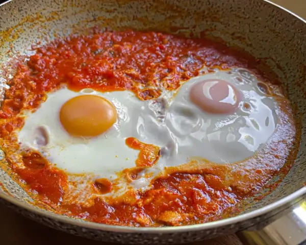 Uova in purgatorio, un piatto saporito con uova cotte in un sugo di pomodoro piccante, servite in padella.