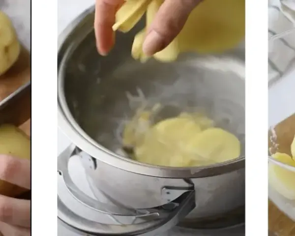 Tagliando patate per lessarle, poi in pentola e infine pronte in una ciotola.