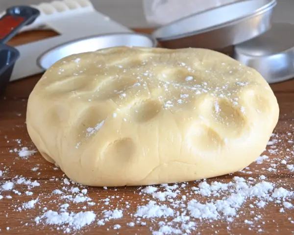 Impasto di pasta frolla con olio, pronto per essere lavorato. Si intravedono stampi per torte e utensili da cucina.