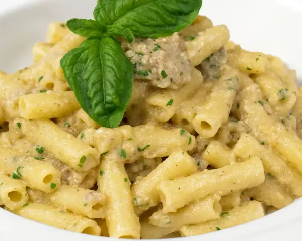 Un piatto invitante di pasta con melanzane in bianco cremosa, guarnito con basilico fresco.