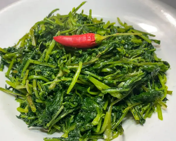Cicoria in padella, un contorno semplice e gustoso, impreziosito da un peperoncino rosso.