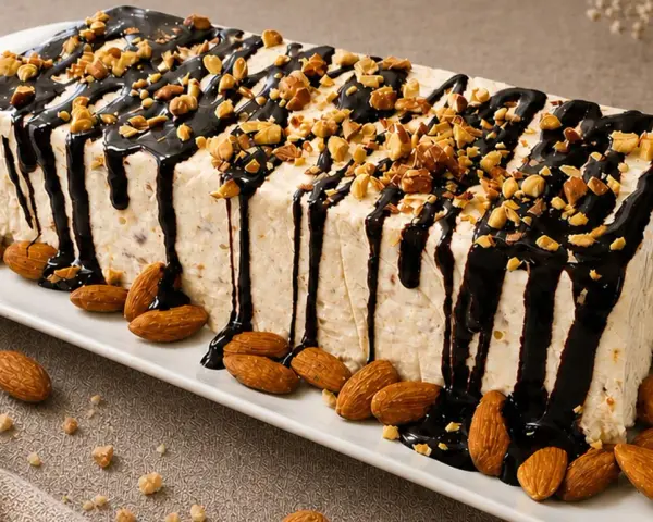 Delizioso parfait di mandorle, ricoperto di cioccolato fuso e granella croccante. Mandorle intere decorano il piatto.