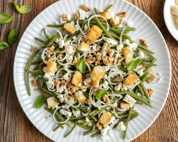 Deliziosa insalata di fagiolini con formaggio feta, noci croccanti, crostini e cipolla rossa. Un piatto fresco e saporito.