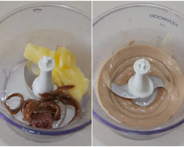 Preparazione per pasta burro e alici: burro e acciughe nel mixer, poi la crema ottenuta.