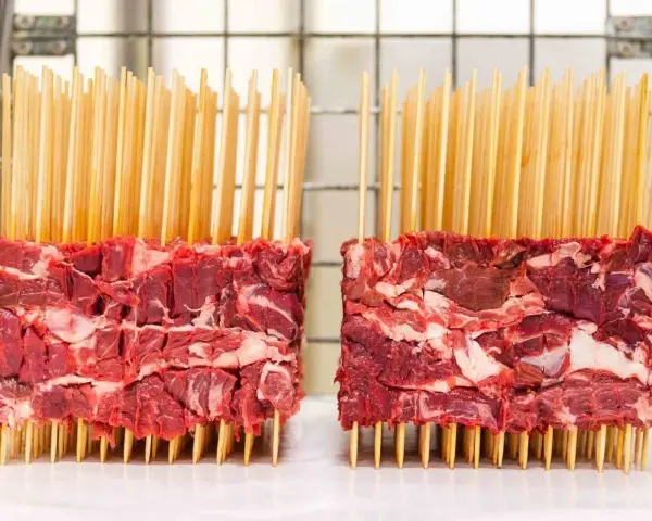 Due blocchi di carne cruda, pronti per essere trasformati in deliziosi arrosticini al forno.