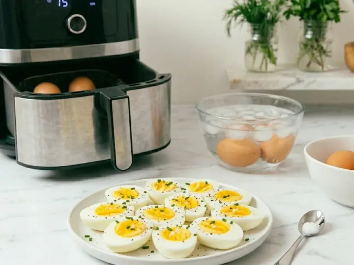Uova sode in friggitrice ad aria pronte per essere gustate. Alcune ancora nella friggitrice, altre in acqua ghiacciata, e un piatto pieno di uova sode tagliate a metà, condite con erba cipollina e pepe.