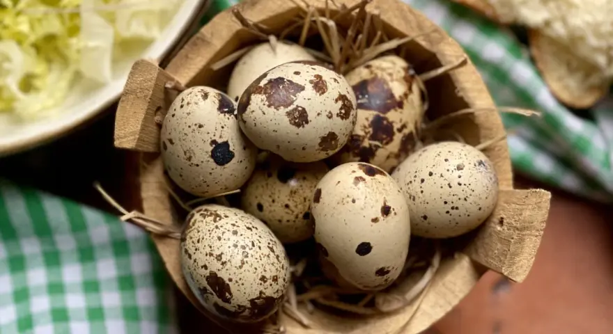 Un cesto di paglia contiene uova di quaglia sode, pronte per essere gustate. Accanto, un'insalata fresca e pane.