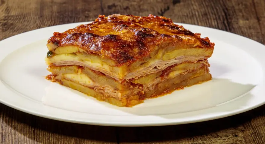 Una fetta di parmigiana di patate, stratificata con formaggio e salumi, servita su un piatto bianco.