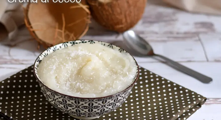 Una ciotola di cremosa crema al cocco, cosparsa di cocco grattugiato, accanto a gusci di cocco e un cucchiaio.