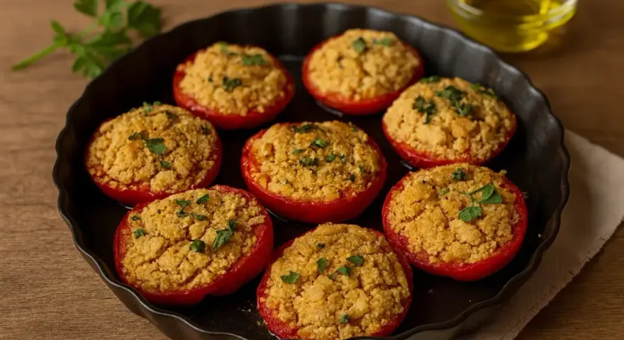 Pomodori al forno alla pugliese, ripieni di pangrattato dorato e profumati, pronti per essere gustati.