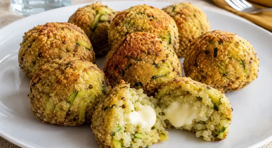 Polpette di zucchine dorate e croccanti, una ripiena di formaggio filante.