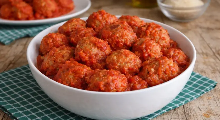 Un primo piatto invitante: polpette di pane al sugo, morbide e saporite, servite in una ciotola bianca su un tovagliolo a quadretti verdi.