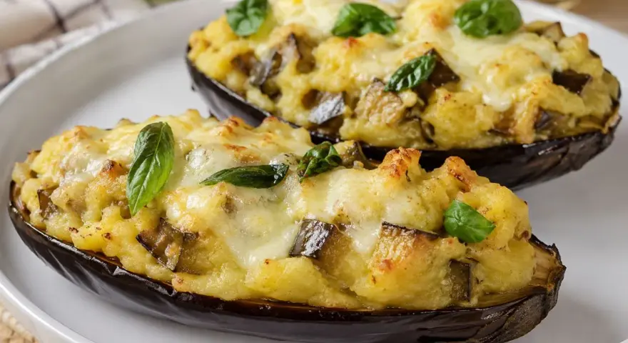 Melanzane a barchetta ripiene di un gustoso impasto e formaggio filante, guarnite con foglie di basilico fresco.