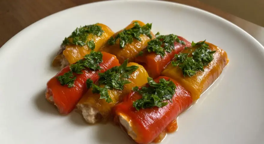 Involtini di peperoni alla siciliana, ripieni e guarniti con prezzemolo fresco, su un piatto bianco.