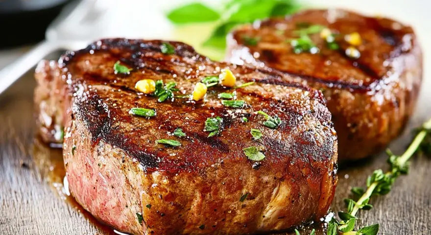 Due succulenti filetto di manzo grigliati, guarniti con erbe aromatiche e grani di pepe, su un tagliere di legno.