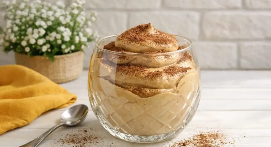 Delizioso spumone al caffè in una coppa di vetro, spolverato con cacao. Accanto, un cucchiaino e un tovagliolo giallo.