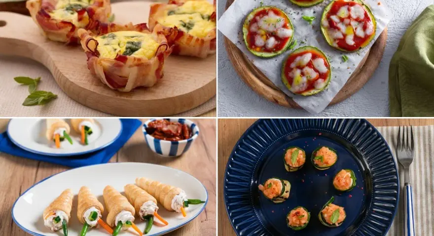 Mini quiche con pancetta, pizzette di zucchine, rotolini salati e involtini di zucchine con salmone: un tripudio di antipasti estivi perfetti per ogni occasione.
