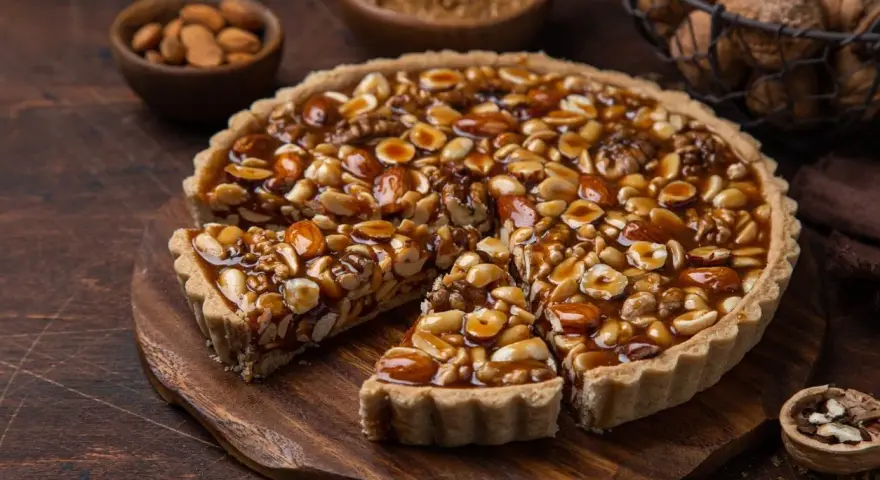 Torta croccante con un ripieno abbondante di nocciole e mandorle caramellate. Un vero piacere per gli amanti dei dolci con nocciole.