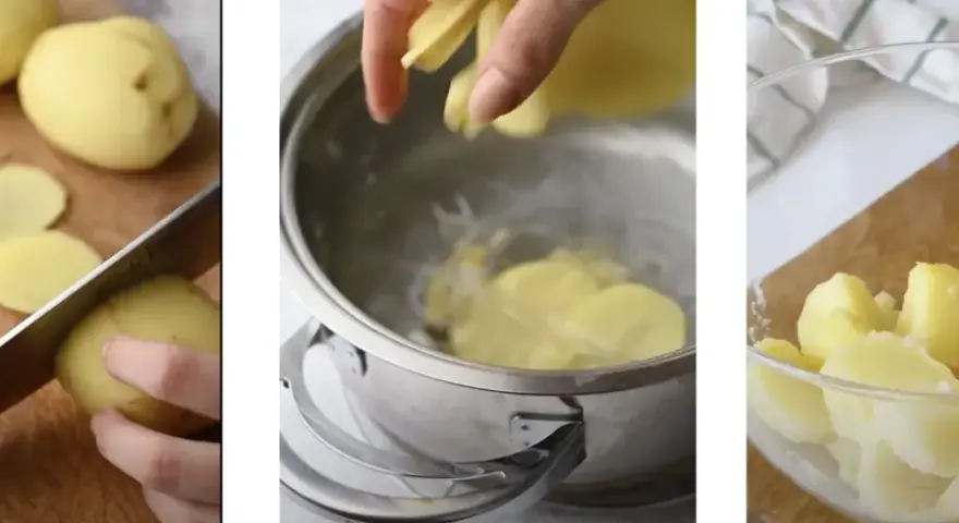 Tagliando patate per lessarle, poi in pentola e infine pronte in una ciotola.