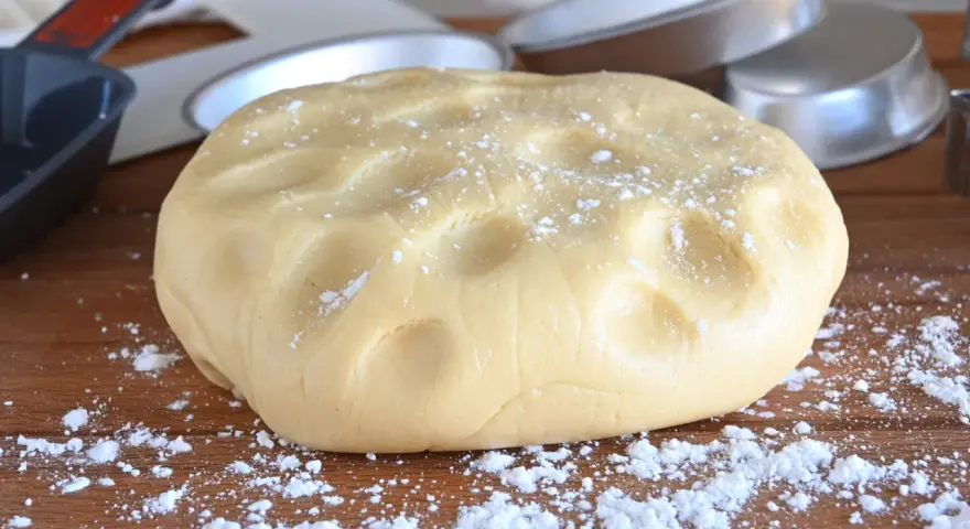 Impasto di pasta frolla con olio, pronto per essere lavorato. Si intravedono stampi per torte e utensili da cucina.