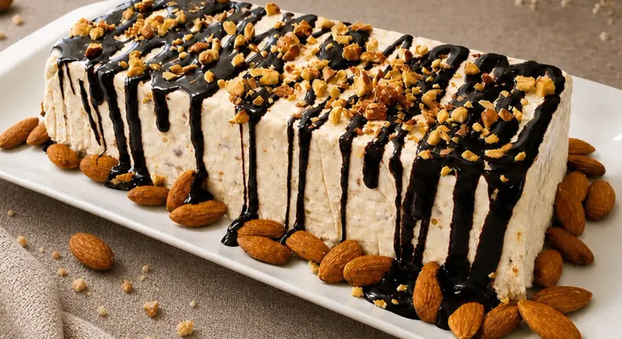 Delizioso parfait di mandorle, ricoperto di cioccolato fuso e granella croccante. Mandorle intere decorano il piatto.