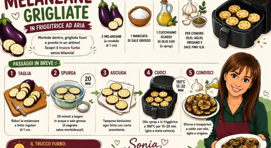 Melanzane grigliate perfette in friggitrice ad aria: morbide e saporite grazie al trucco del bagno in acqua e sale.