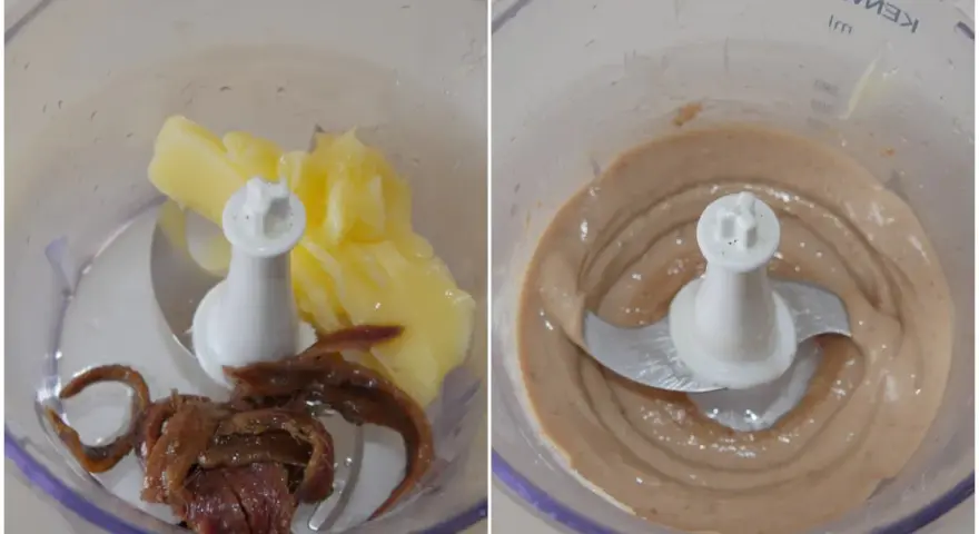 Preparazione per pasta burro e alici: burro e acciughe nel mixer, poi la crema ottenuta.