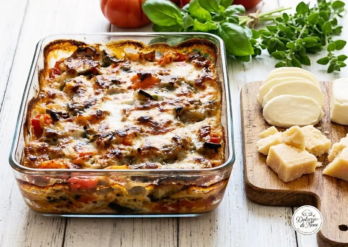 Piatto fumante di melanzane alla pizzaiola in teglia di vetro, con mozzarella e parmigiano a lato.