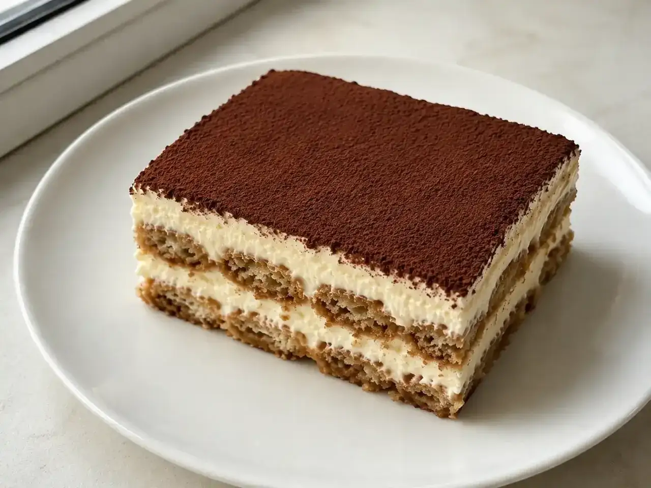 Una fetta di tiramisù, perfetta per la tua tiramisù ricetta. Strati di savoiardi e crema al mascarpone, spolverati di cacao.