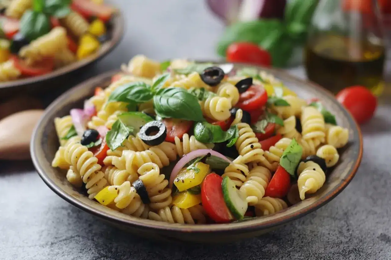 Un'appetitosa insalata di pasta con fusilli, pomodorini, olive nere, cetrioli, peperoni gialli e basilico fresco.