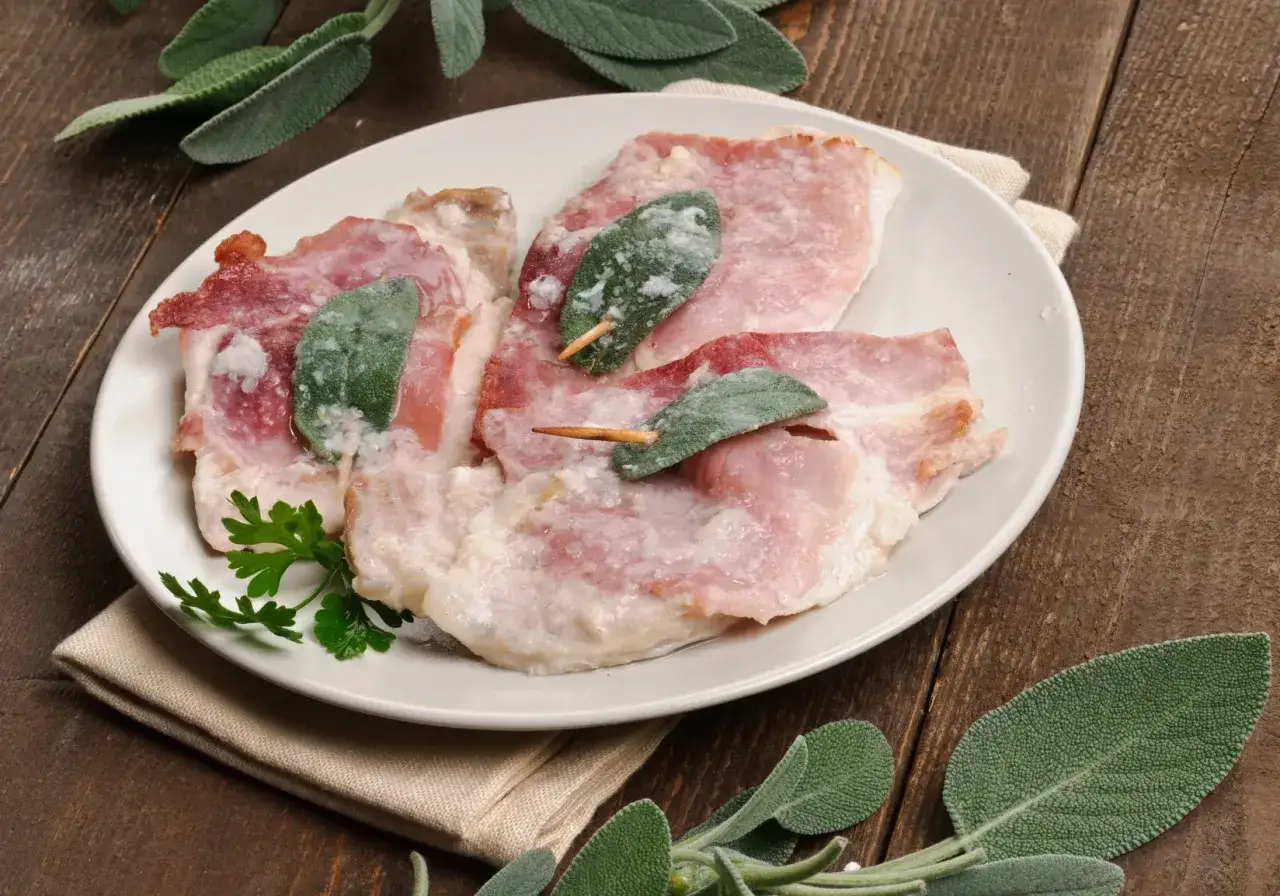 Saltimbocca alla romana: fettine di vitello con prosciutto e salvia, pronte per essere cucinate.