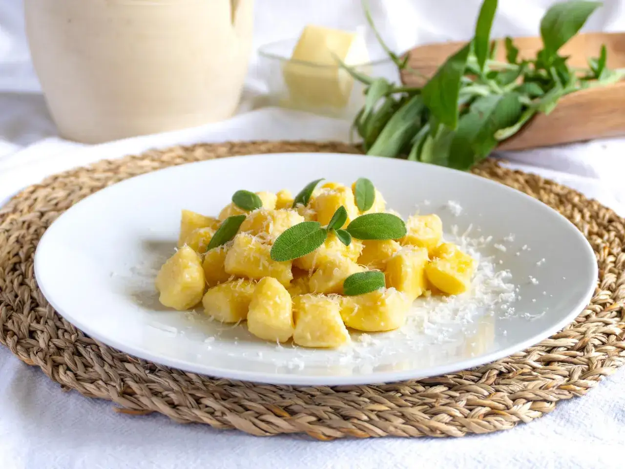 Gnocchi di ricotta soffici e dorati, guarniti con foglie di salvia fresca e parmigiano grattugiato.