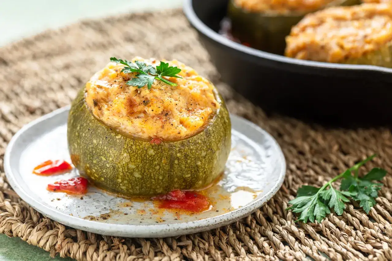 Zucchine ripiene, un piatto gustoso e colorato, servito su un piatto con salsa di pomodoro e guarnito con prezzemolo fresco.