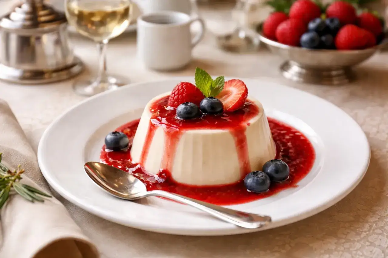Deliziosa panna cotta con salsa ai frutti di bosco, fragole e mirtilli. Un dolce perfetto per ogni occasione.