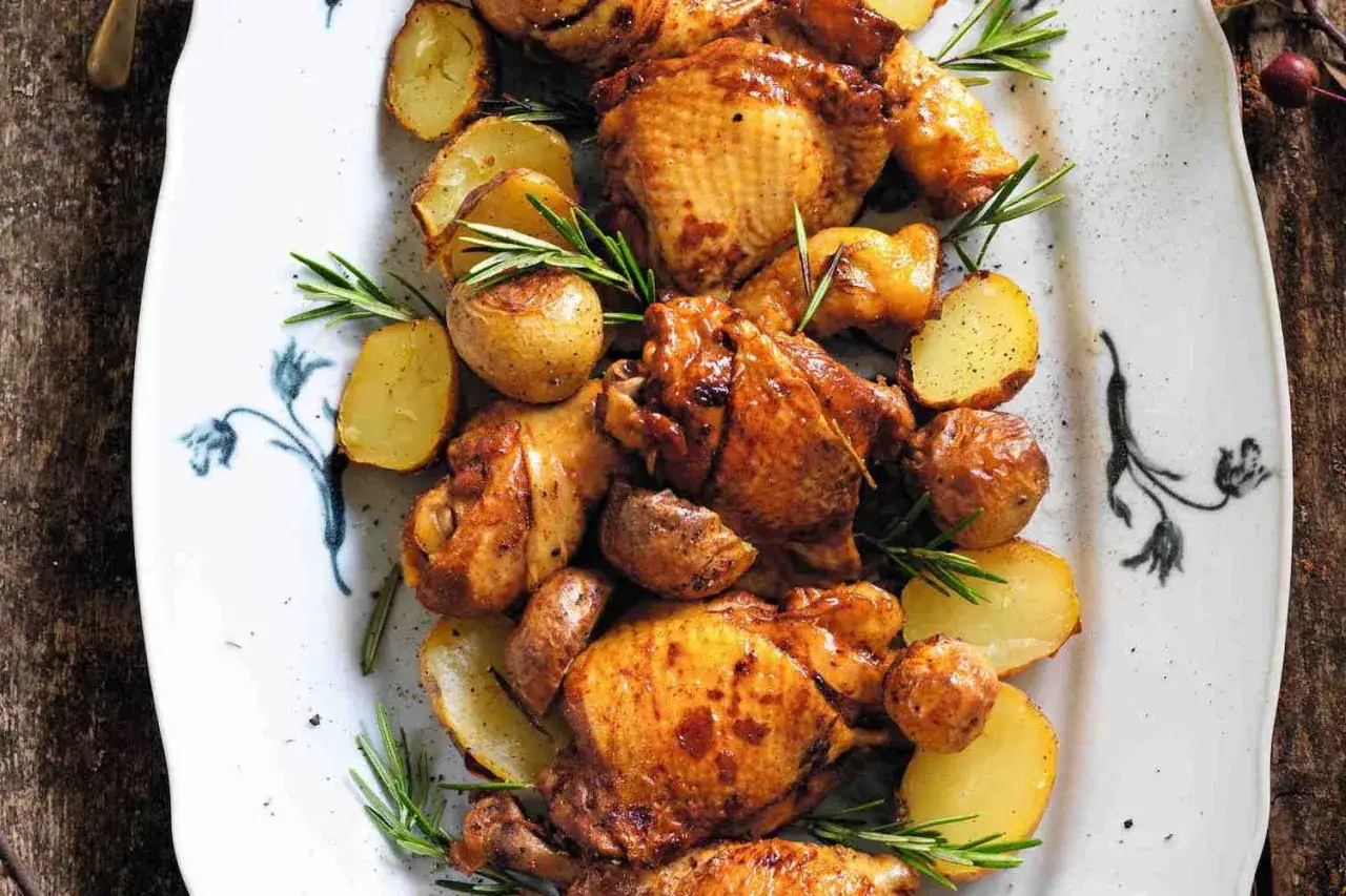 Cosce di pollo al forno dorate e succulente, servite con patate arrosto e rosmarino su un piatto bianco decorato.