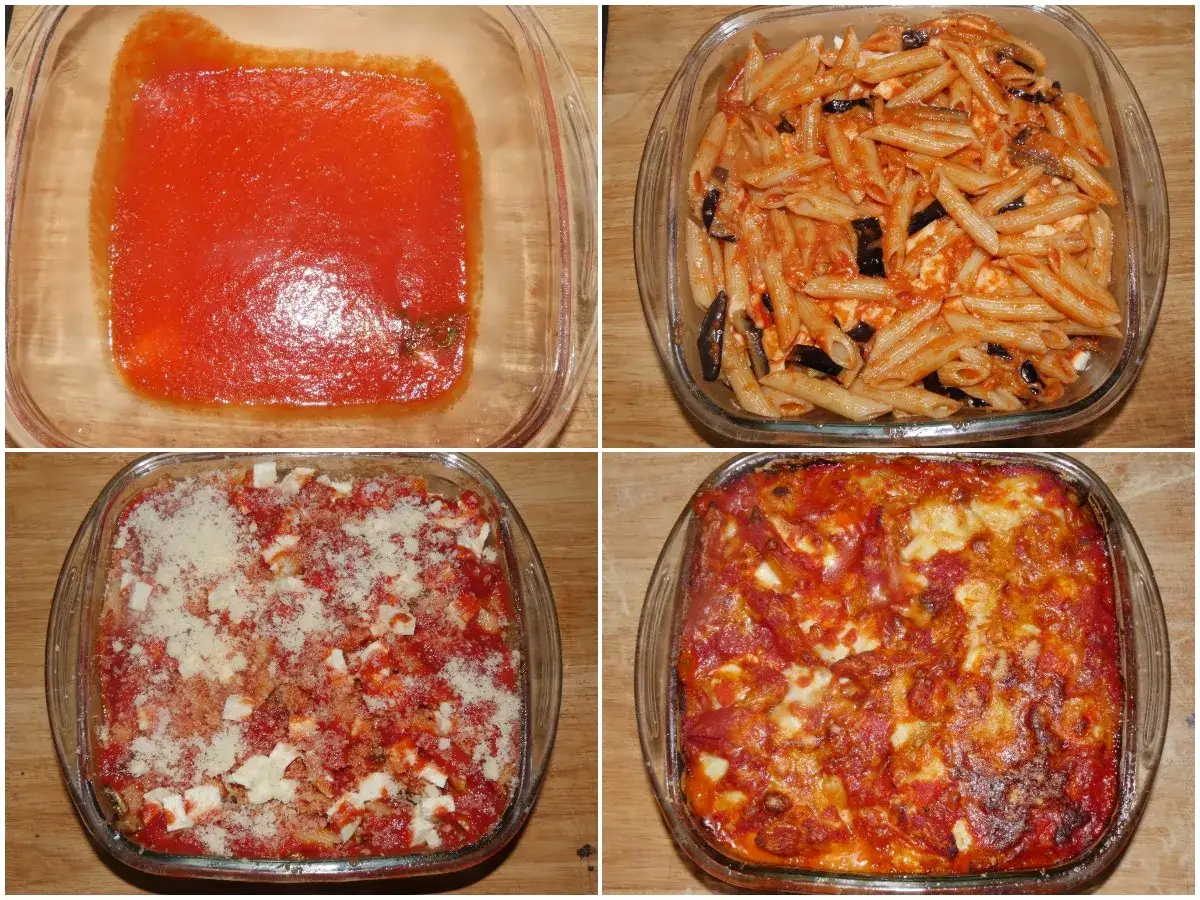 Preparazione della pasta alla siciliana: sugo, pasta con melanzane e formaggio, spolverata di parmigiano e infine gratinata al forno.