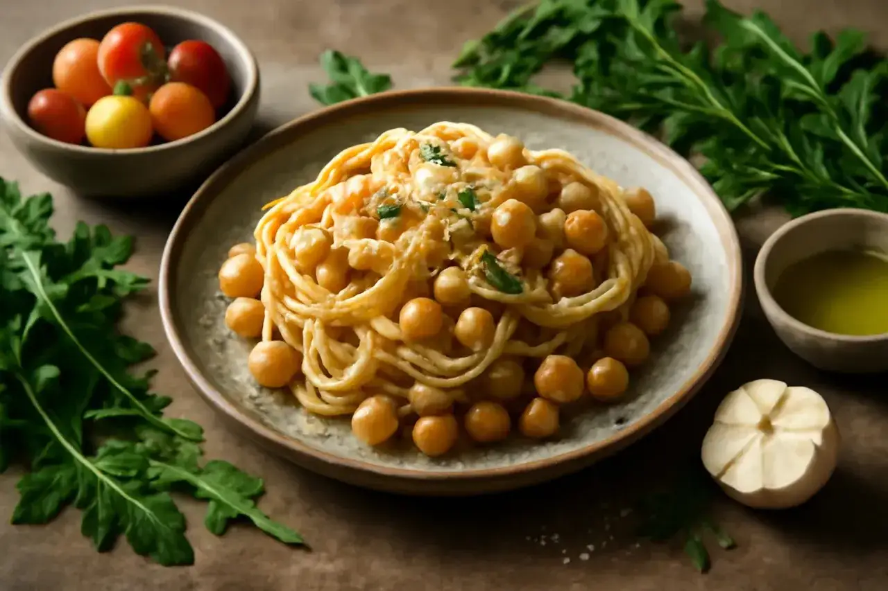 Un piatto di pasta e ceci cremoso, con ceci interi e spaghetti, guarnito con erbe fresche. Accanto, pomodorini, olio d'oliva e aglio.