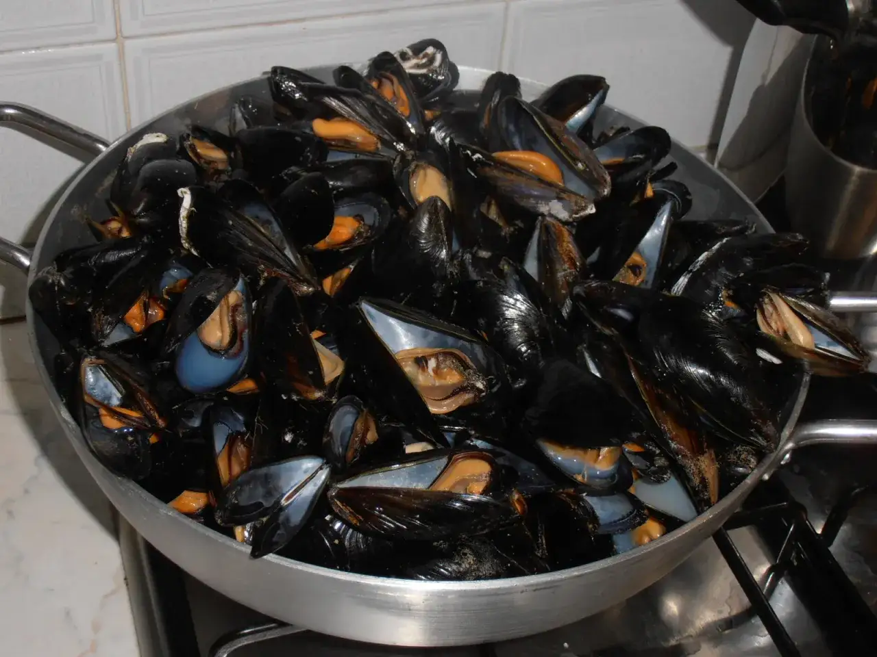 Un'abbondante impepata di cozze in una pentola d'acciaio, pronte per essere gustate.