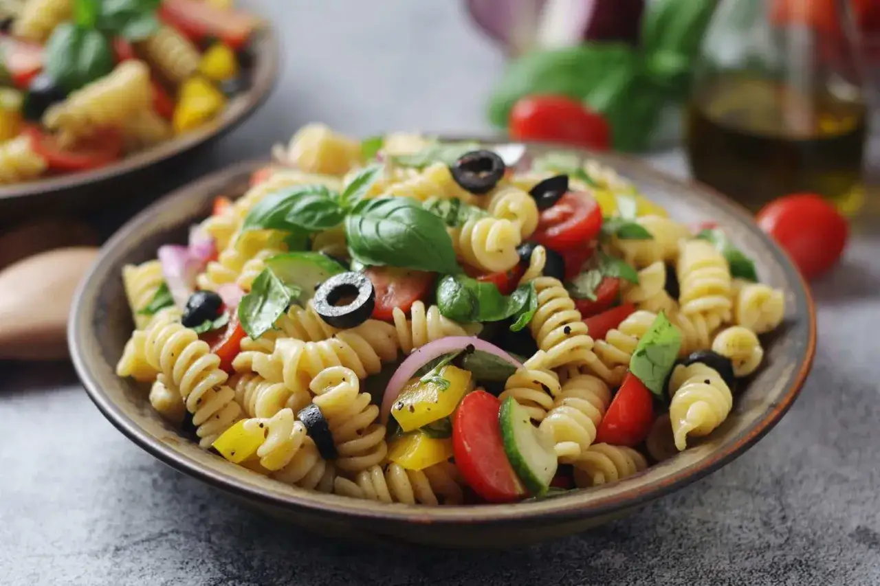 Un piatto invitante di pasta fredda con pomodorini, olive, cetrioli e basilico fresco. Perfetta per un pasto estivo.