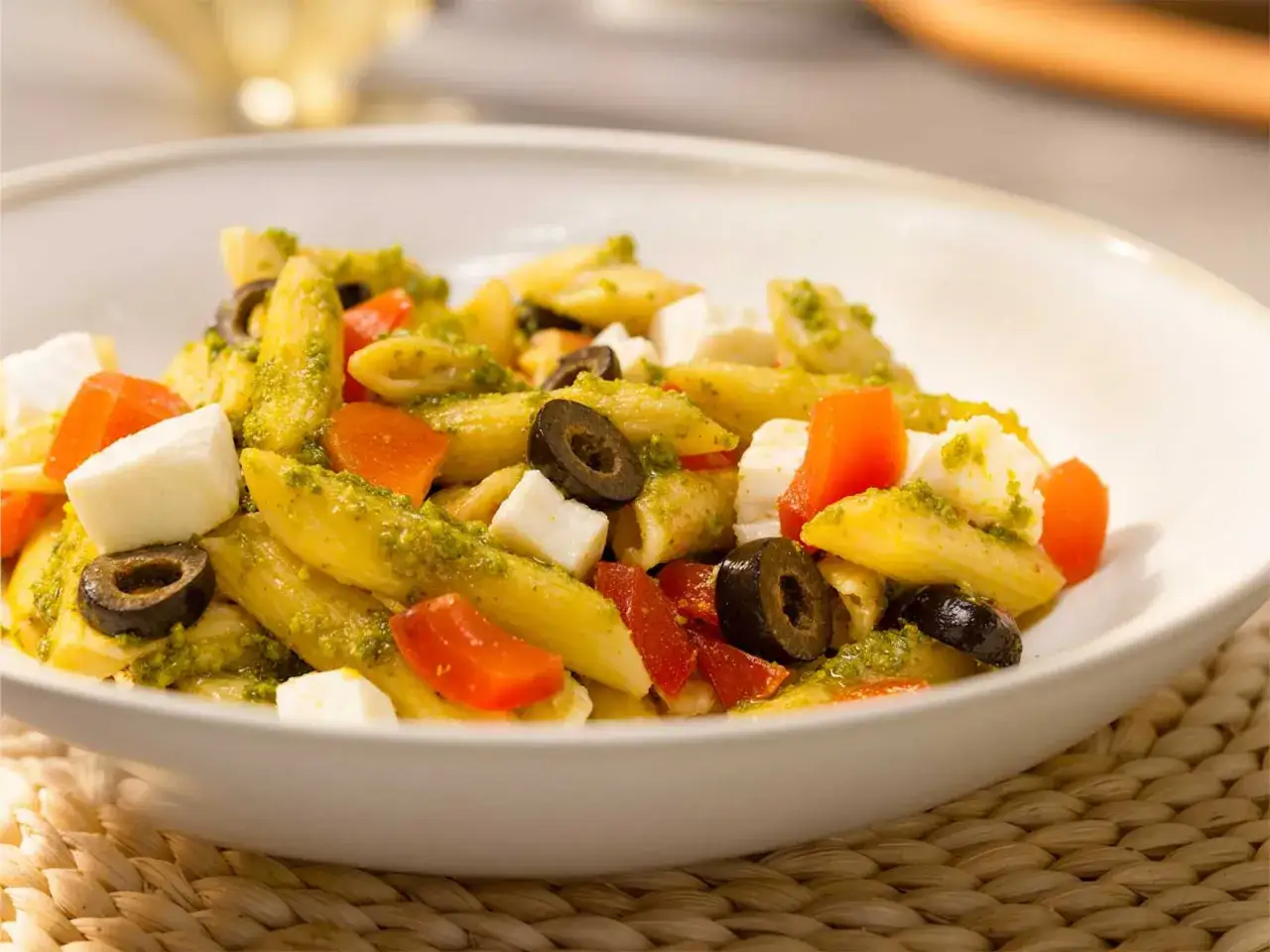 Penne con pesto, cubetti di mozzarella, olive nere e pomodorini freschi. Un piatto colorato e gustoso.