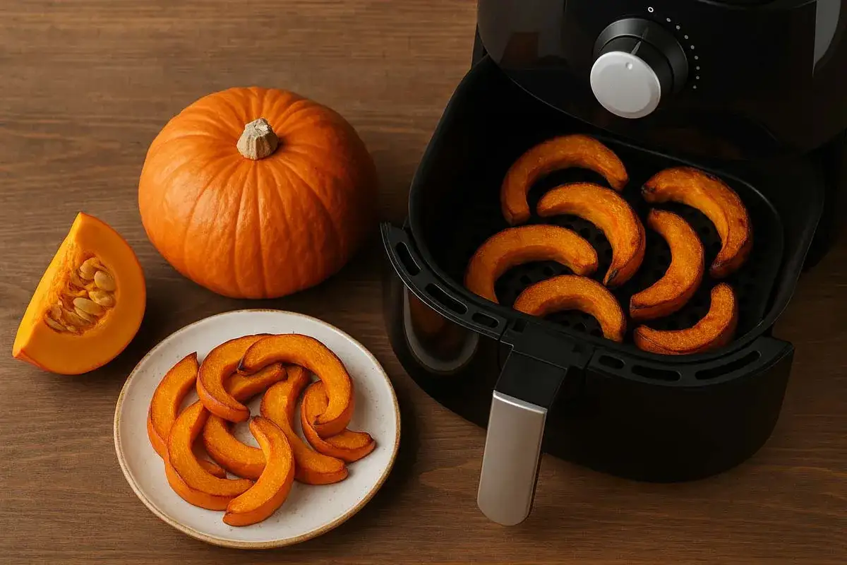 Fette di zucca dorate e cotte nella friggitrice ad aria, pronte per essere gustate.