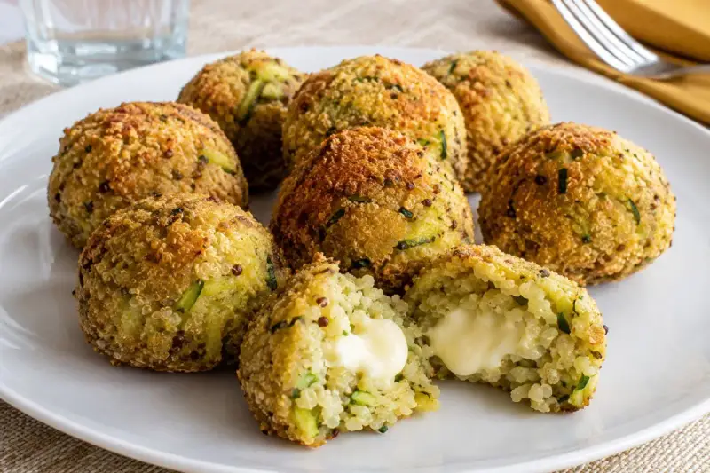 Polpette di zucchine dorate e croccanti, una ripiena di formaggio filante.